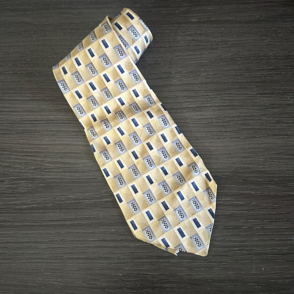 Vintage Pierre Cardin Gold and Navy Patterned Silk Tie